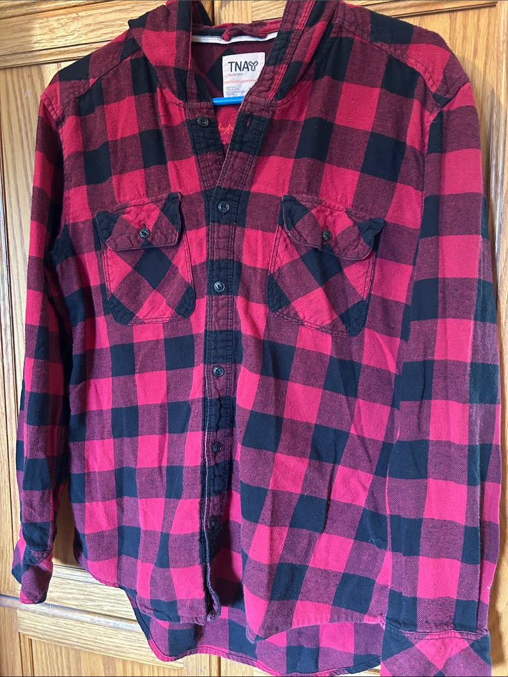 TNA Red and Black Plaid Hooded Button-Down Shirt